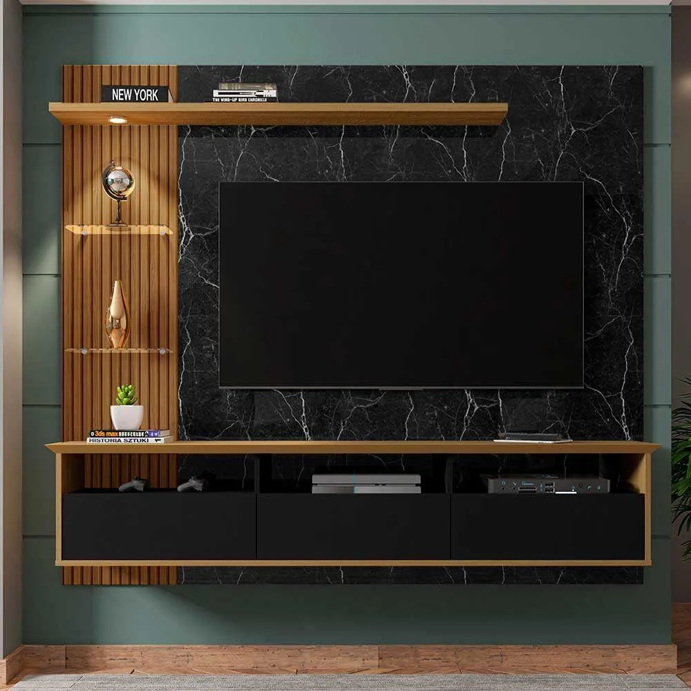 panel rack tv max negro marmol canela hasta 60 pulgadas